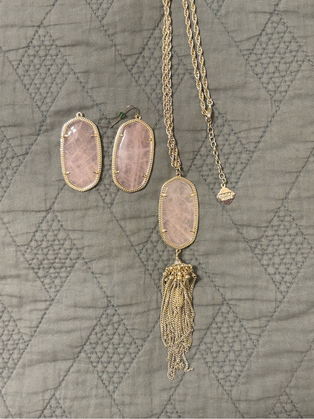 Kendra Scott Pink Stone Gold Tassel Necklace with Pink Drop Earrings